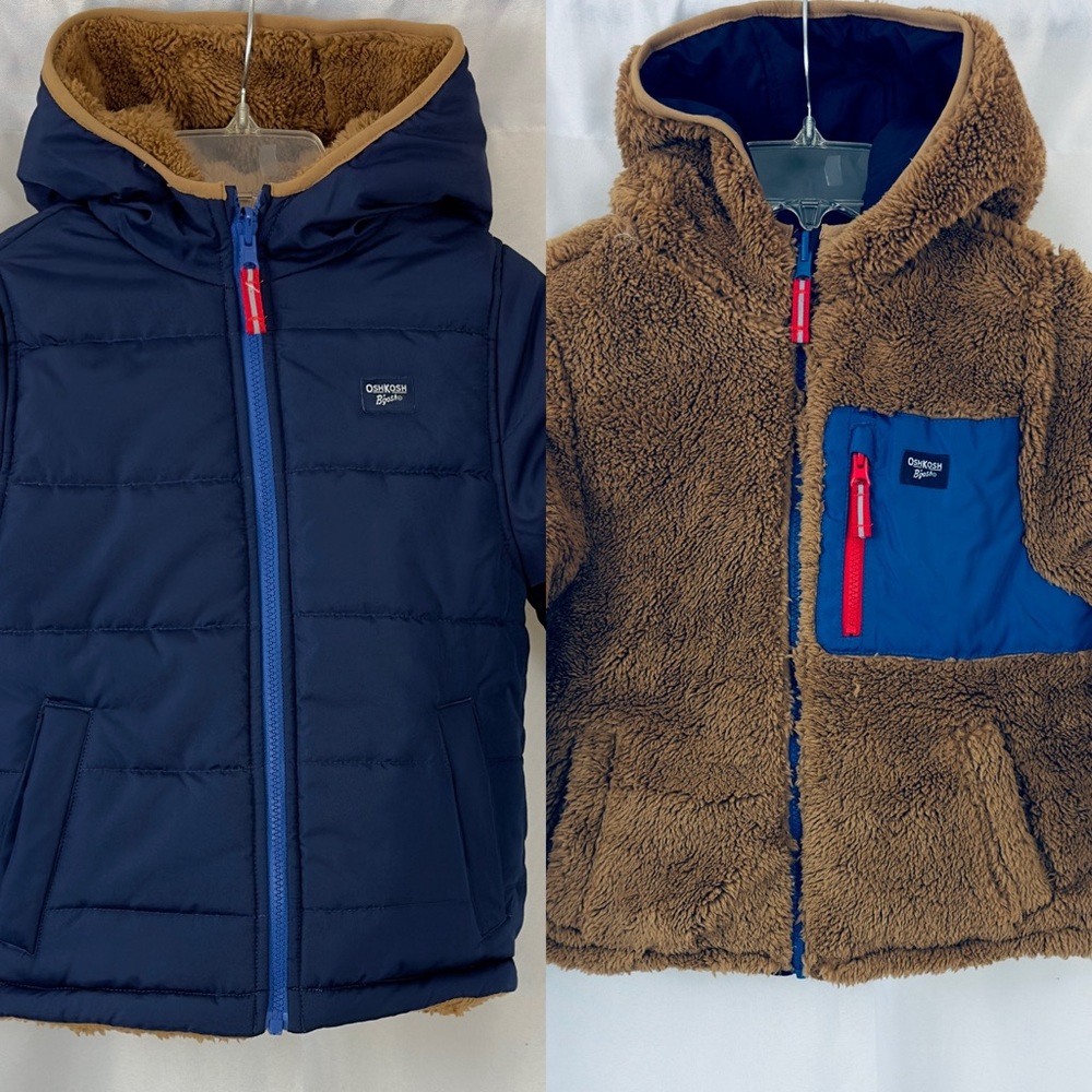 Oshkosh B’gosh Kids Tan/Navy Blue Hooded Reversible Sherpa Jacket   Medium (5/6)